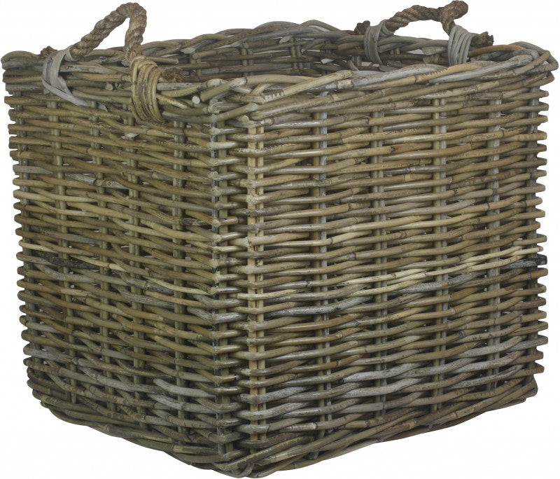 LARGE SQUARE GREY RATTAN LOG BASKET