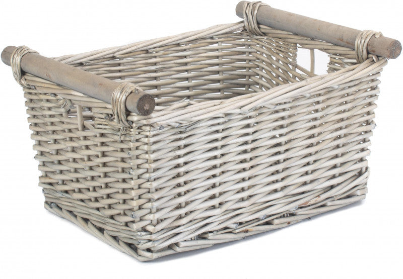 MEDIUM ANTIQUE WASH WOODEN HANDLED STORAGE BASKET