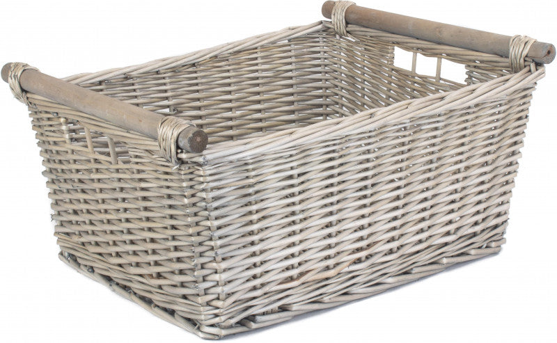 EXTRA LARGE ANTIQUE WASH WOODEN HANDLED STORAGE BASKET