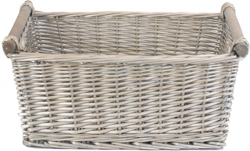 EXTRA LARGE ANTIQUE WASH WOODEN HANDLED STORAGE BASKET