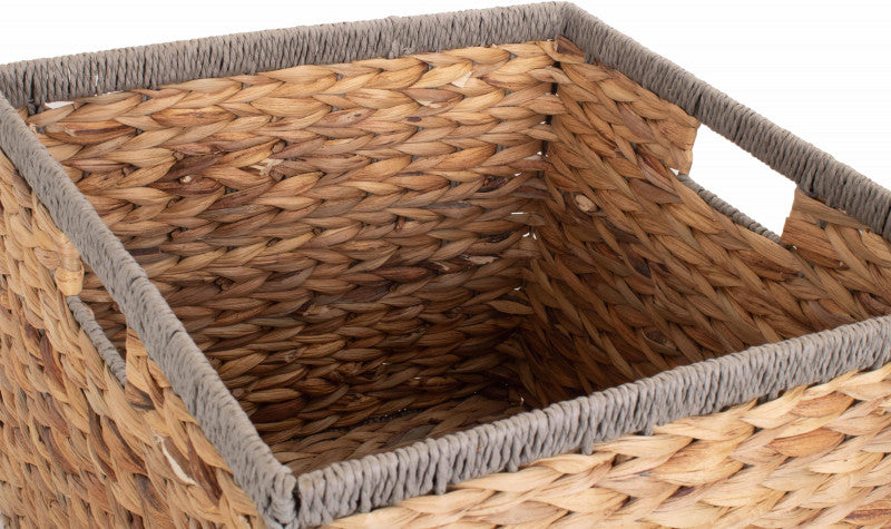 Medium Square Water Hyacinth Storage Basket With Grey Rope Border