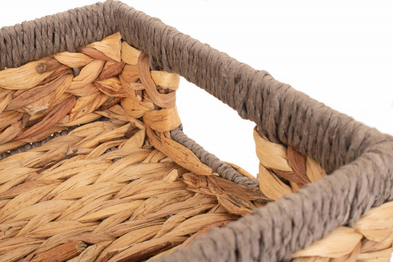 Small Shallow Rectangular Water Hyacinth Storage Basket with Grey Rope Border WH022/1