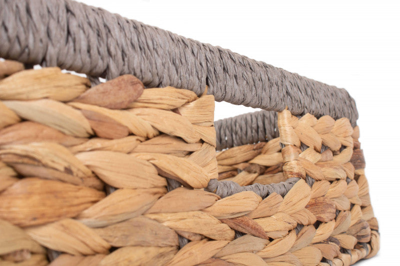 Large Shallow Rectangular Water Hyacinth Storage Basket with Grey Rope Border WH022/3