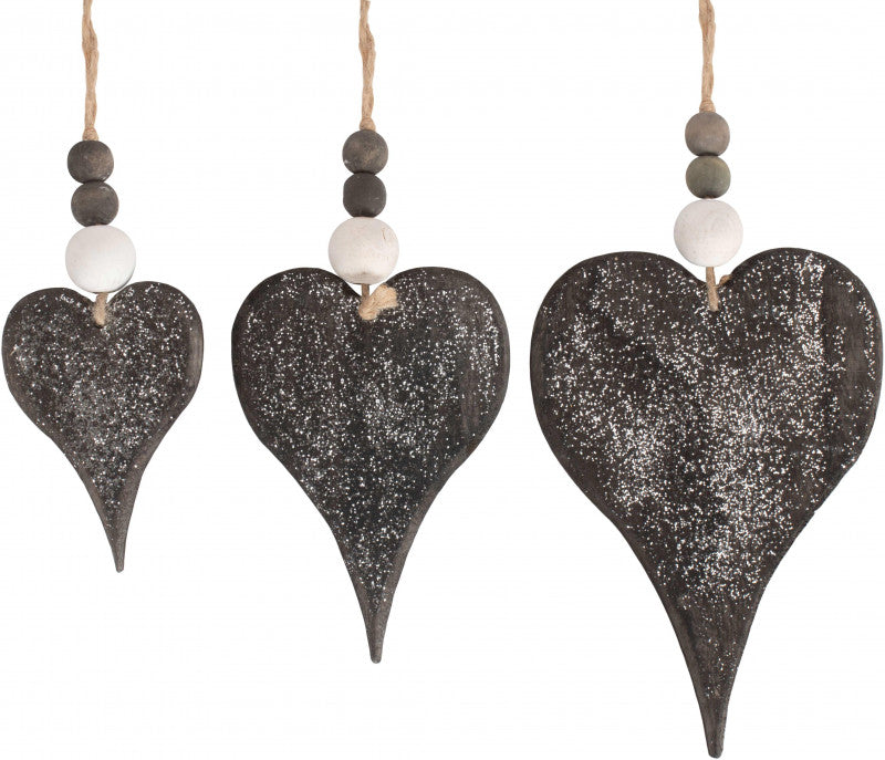 SET 3 HANGING GLITTER HEART DECORATIONS