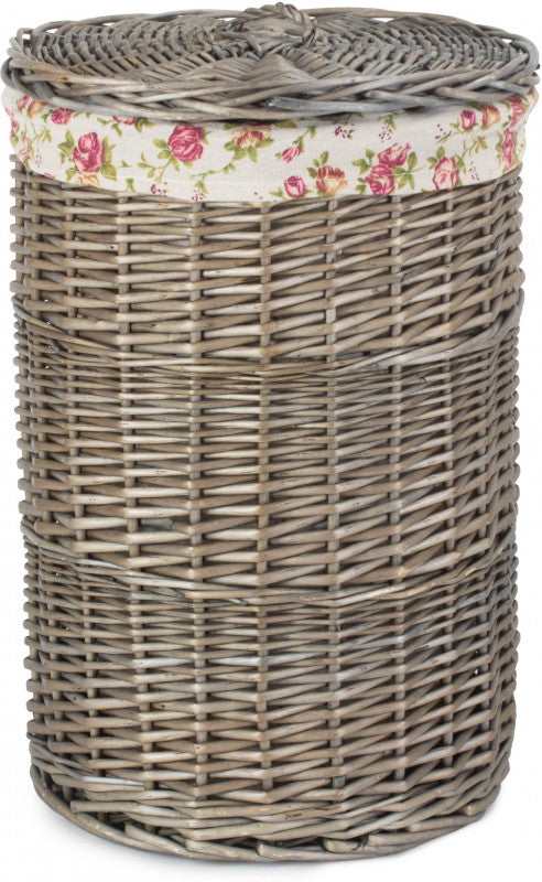 SMALL ANTIQUE WASH ROUND LINEN BASKET with GARDEN ROSE LINING