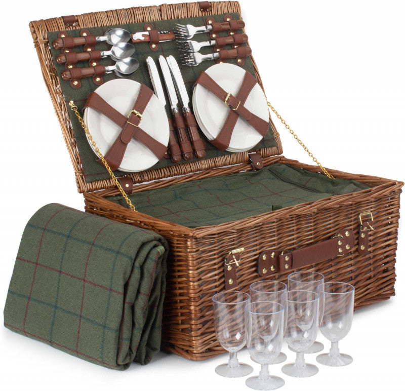 6 PERSON GREEN TWEED CLASSIC PICNIC HAMPER