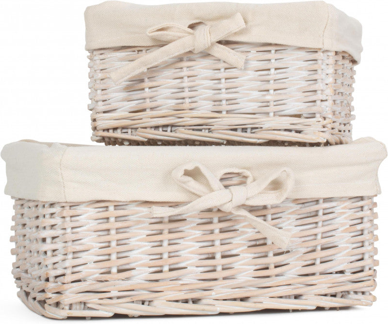 WHITE WASH FINISH WILLOW TRAY with LINING set 2