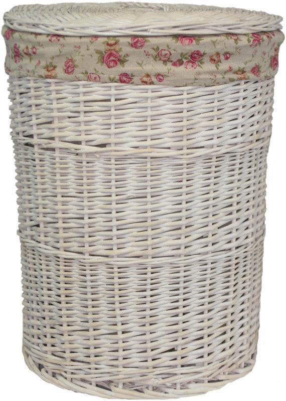 LARGE ROUND WHITE WASH LAUNDRY HAMPER with GARDEN ROSE LINING