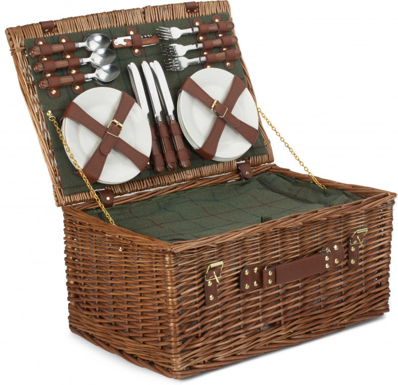 6 PERSON GREEN TWEED CLASSIC PICNIC HAMPER