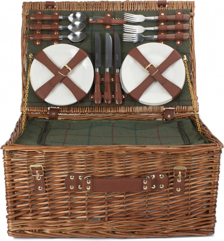 6 PERSON GREEN TWEED CLASSIC PICNIC HAMPER