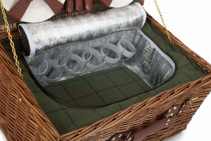 6 PERSON GREEN TWEED CLASSIC PICNIC HAMPER