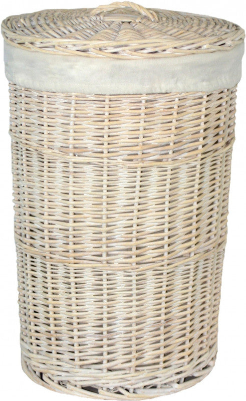 SMALL ROUND WHITE WASH LAUNDRY HAMPER with WHITE LINING
