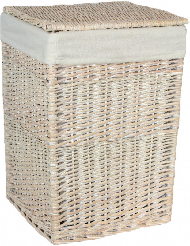 SMALL SQUARE WHITE WASH LAUNDRY HAMPER with WHITE LINING