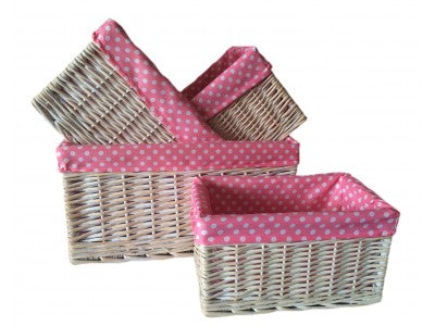 WHITE WASH STORAGE BASKET with PINK SPOTTY LINING SET 4