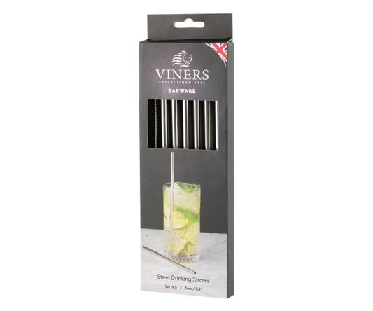 Viners Barware 6pce Long Steel Drinking Straws Gift