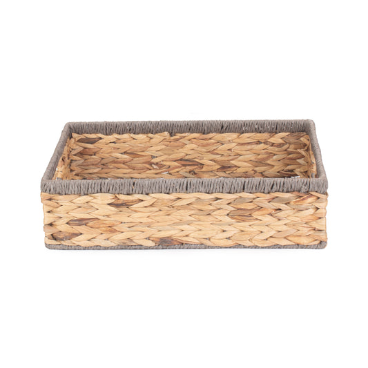 Large Shallow Rectangular Water Hyacinth Storage Basket with Grey Rope Border WH022/3