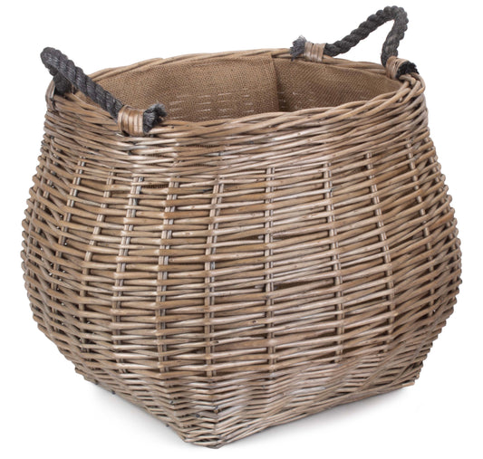 Curve-Sided Antique Wash Hessian Lined Log Basket