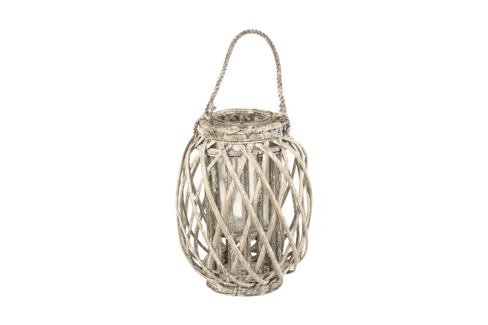 Small Grey Wash Willow Candle Lantern