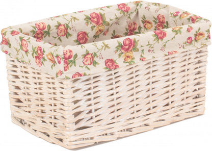 SMALL WHITE WASH GARDEN ROSE LINED STORAGE BASKET