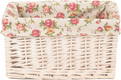 SMALL WHITE WASH GARDEN ROSE LINED STORAGE BASKET