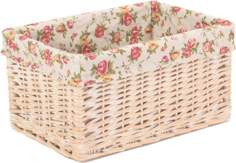 MEDIUM WHITE WASH GARDEN ROSE LINED STORAGE BASKET