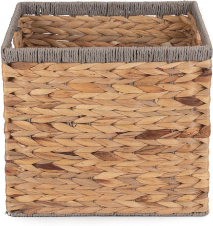 Small Square Water Hyacinth Storage Basket with Grey Rope Border