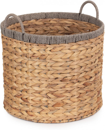 Small Round Water Hyacinth Basket with Grey Rope Border