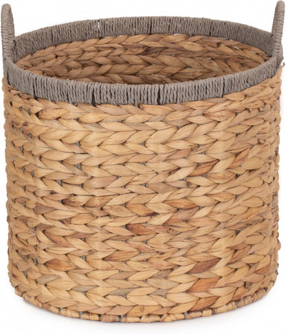 Small Round Water Hyacinth Basket with Grey Rope Border