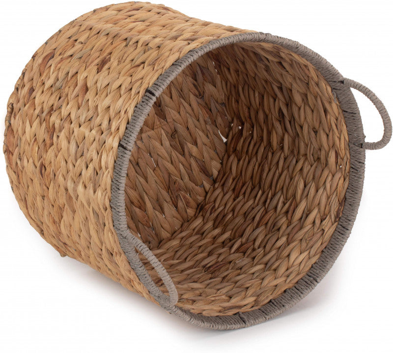 Small Round Water Hyacinth Basket with Grey Rope Border