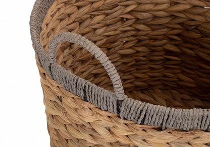 Small Round Water Hyacinth Basket with Grey Rope Border