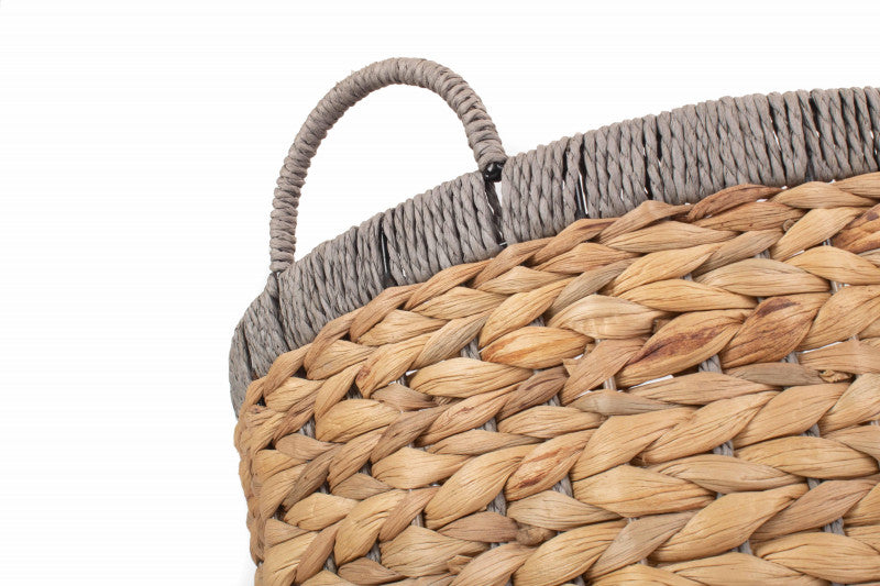 Small Round Water Hyacinth Basket with Grey Rope Border