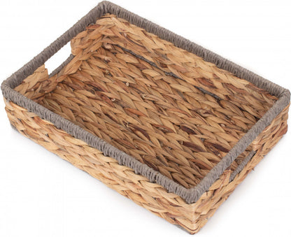 Medium Shallow Rectangular Water Hyacinth Storage Basket with Grey Rope Border WH022/2