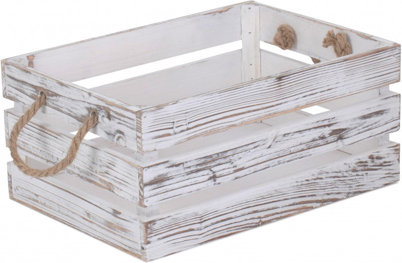 MEDIUM DISTRESSED WHITE ROPE HANDLED CRATE