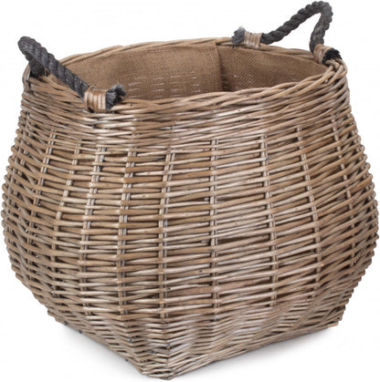 Curve-Sided Antique Wash Hessian Lined Log Basket