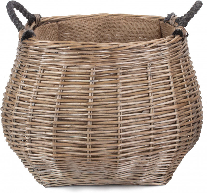 Curve-Sided Antique Wash Hessian Lined Log Basket