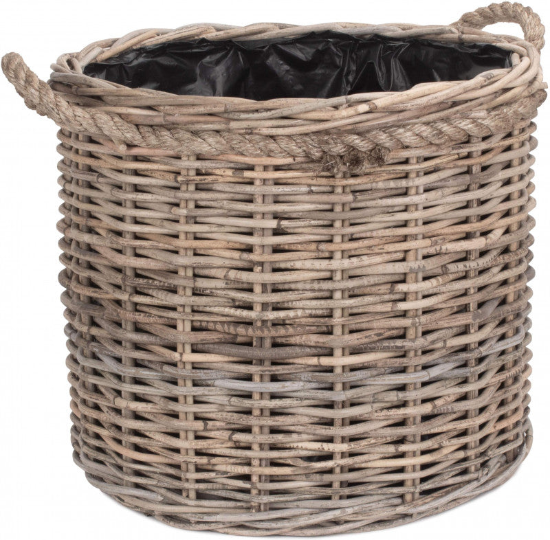 MEDIUM ROPE HANDLED RATTAN ROUND PLANTER with PLASTIC LINING