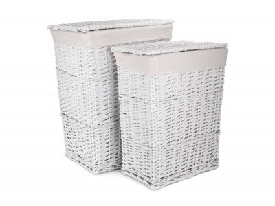 WHITE WICKER LAUNDRY HAMPER BASKET SET 2