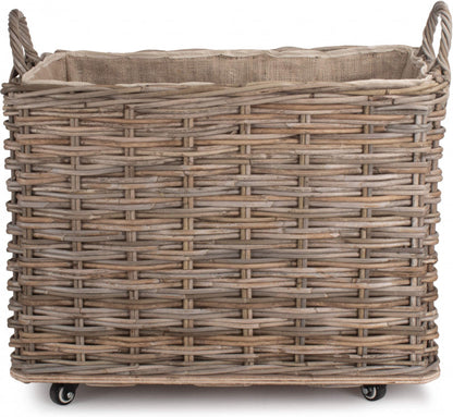 Small Wheeled Rattan Cordura Lined Log Basket