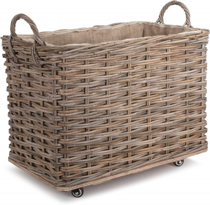 Small Wheeled Rattan Cordura Lined Log Basket