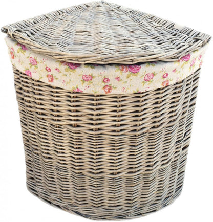 SMALL ANTIQUE WASH CORNER LINEN BASKET with GARDEN ROSE LINING