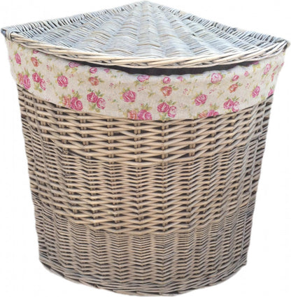 LARGE ANTIQUE WASH CORNER LINEN BASKET with GARDEN ROSE LINING