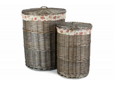 ANTIQUE WASH ROUND LINEN BASKET with GARDEN ROSE LINING SET 2