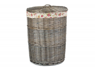 LARGE ANTIQUE WASH ROUND LINEN BASKET with GARDEN ROSE LINING