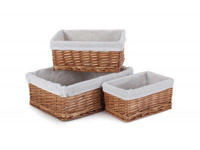 DOUBLE STEAMED WICKER STORAGE BASKET with WHITE LINING SET 3