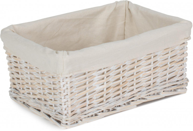 MEDIUM WHITE WASH WICKER STORAGE BASKET with WHITE LINING