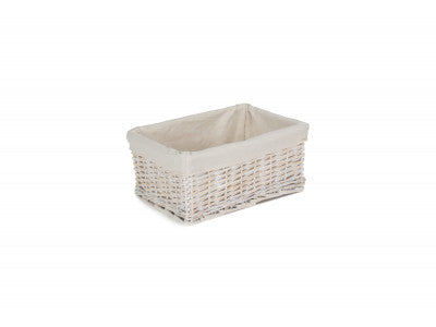 MEDIUM WHITE WASH WICKER STORAGE BASKET with WHITE LINING