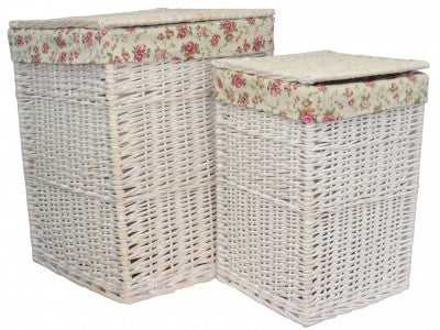 SQUARE WHITE WASH LAUNDRY HAMPER with  GARDEN ROSE LINING SET 2