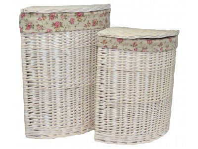 CORNER WHITE WASH LAUNDRY HAMPER with GARDEN ROSE LINING SET 2