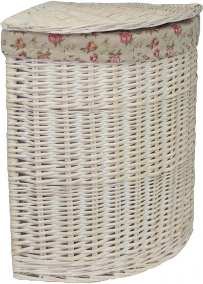 SMALL CORNER WHITE WASH LAUNDRY HAMPER with GARDEN ROSE LINING