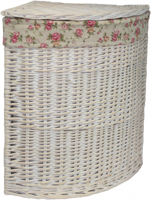 LARGE CORNER WHITE WASH LAUNDRY HAMPER with GARDEN ROSE LINING